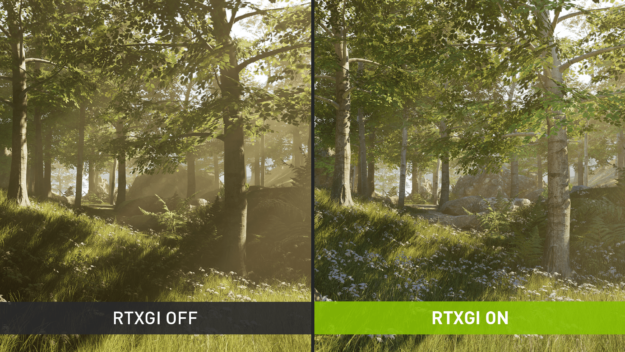 RTXGI off vs. on comparison in a forest scene