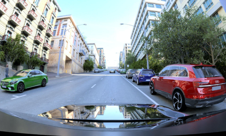 A view from a camera model rendered in NVIDIA DRIVE Sim.