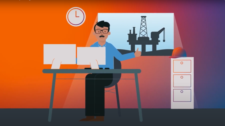A graphic of a male geoscientist sitting at two monitors with an oil rig picture behind him.