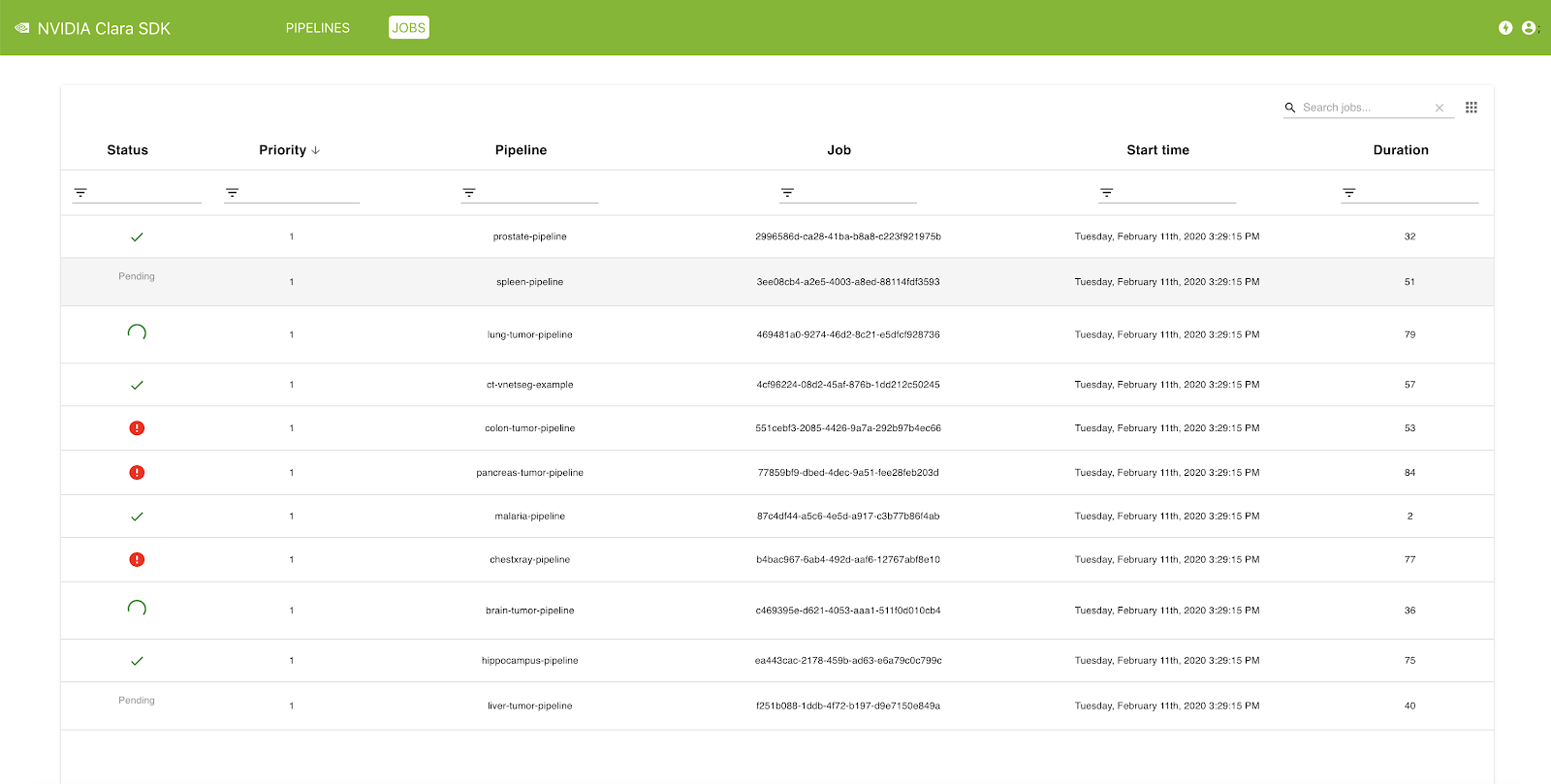 A screenshot of the Clara Deploy management console, showing details of jobs in the queue, jobs currently processing, and jobs completed.