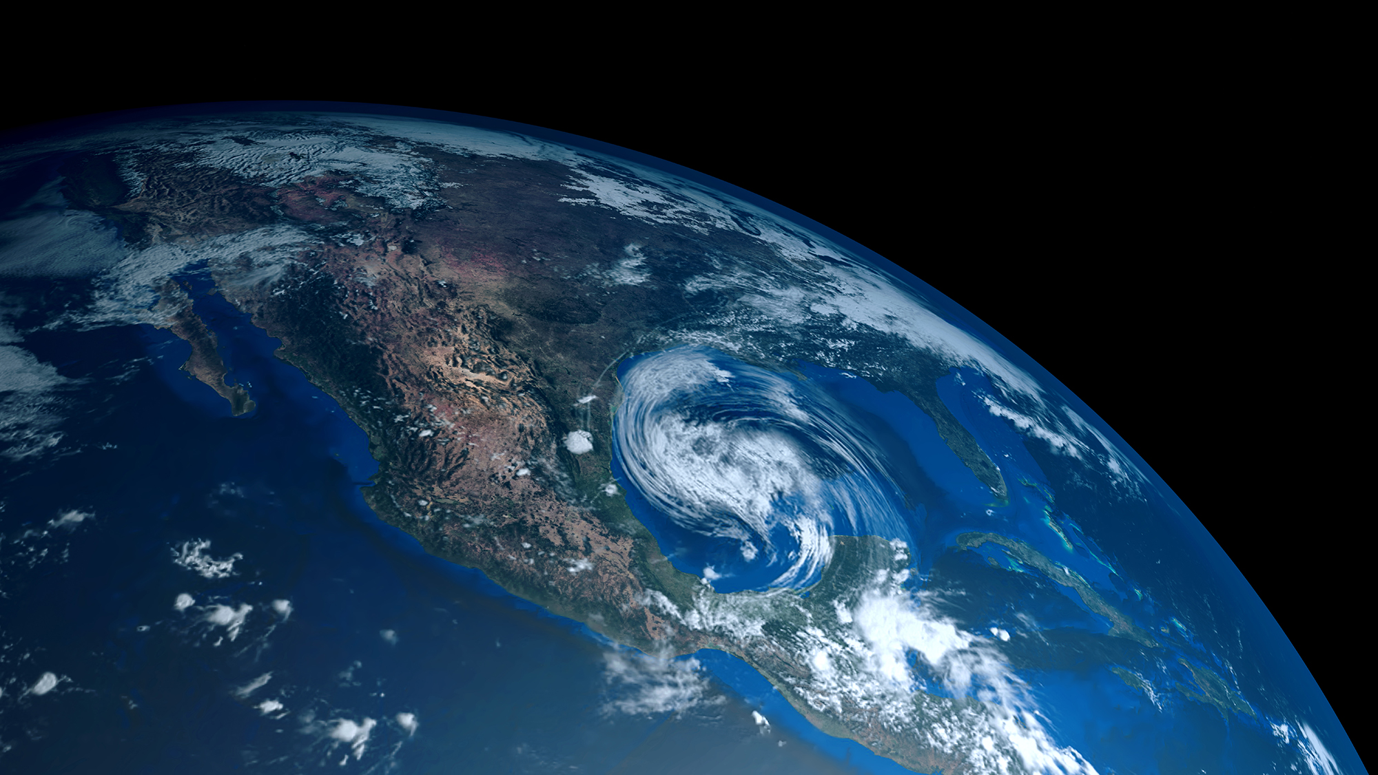 Graphic of a hurricane approaching the southwest US from a global view.