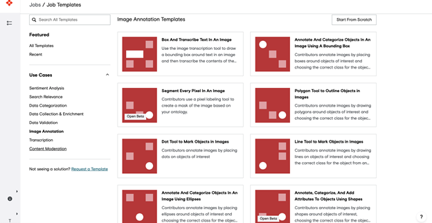 Prebuilt annotation job templates sorted by use case, with filters and search. Current view is filtered on Image annotation templates. There is a start from scratch button available.