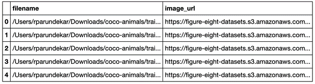 Three columns of data (labels, filename, and image_url), five rows labeled 0 to 4 with names and URLs.