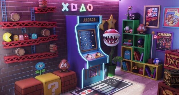 A retro-inspired arcade bedroom scene created with Omniverse.