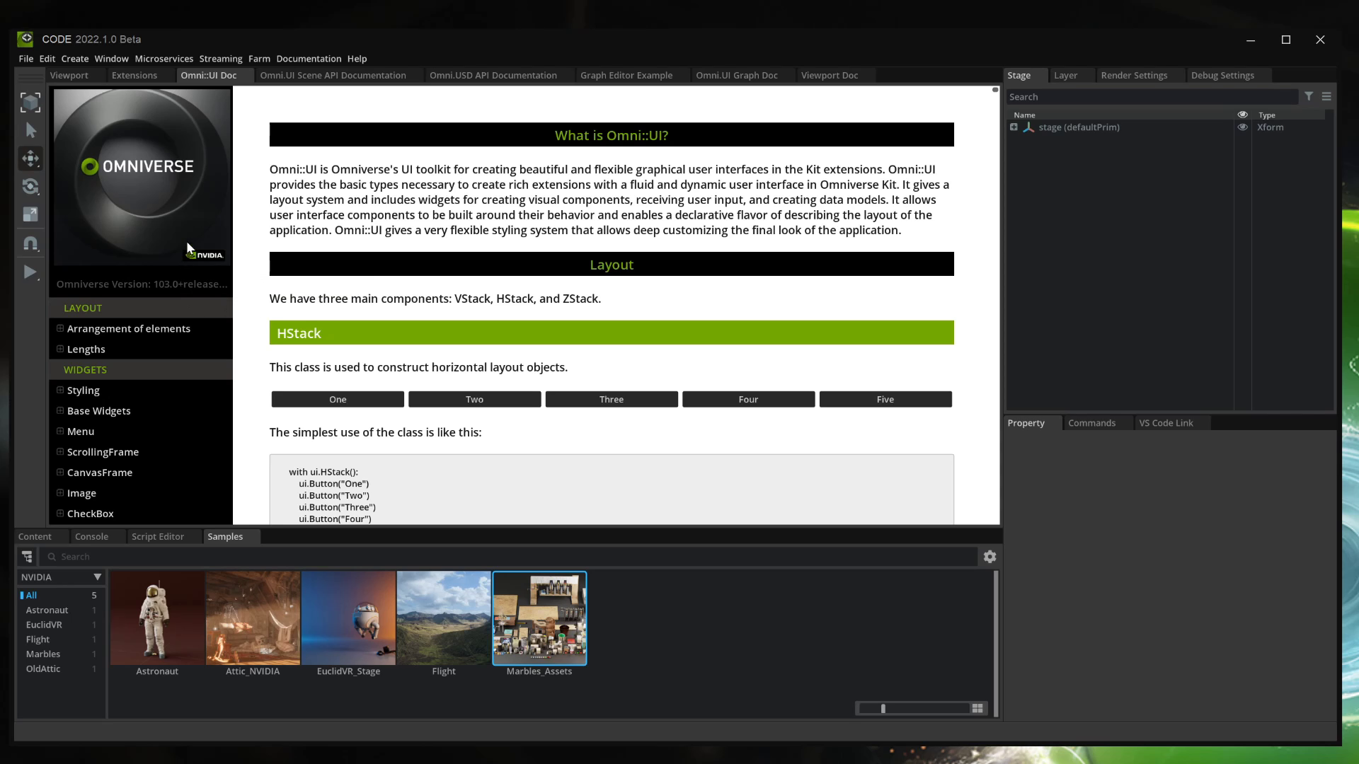 Screenshot of the Omniverse Code App Interactive Documentation primate templates. 