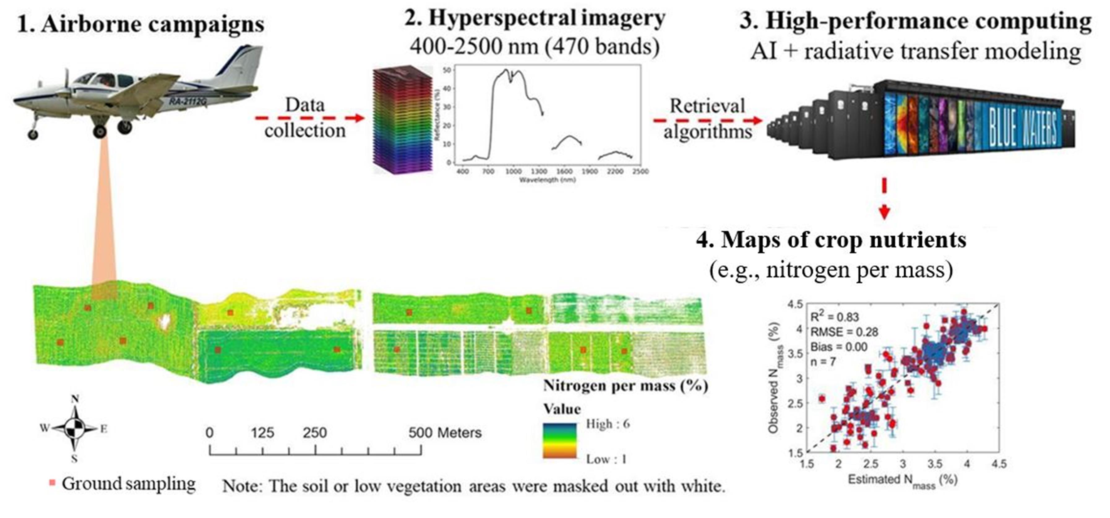 An illustration of the steps taken in the study, which include: airborne campaigns, Hyper-Spectral imagery, AI modeling, and mapping crop nutrients. 