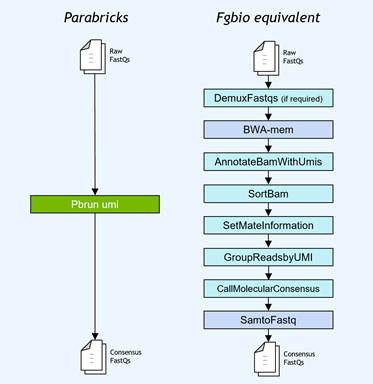 Workflow diagram shows the support for multiple UMI formats, with the single command Pbrun umi on Clara Parabricks.