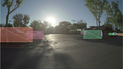Another example of the bounding boxes identifying, through semantic correspondence other cars in the parking lot.