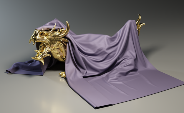 A 3D image of a small golden dragon statue and purple cloth draped over it to demonstrate how cloth texture can be simulated falling off a hard surface.