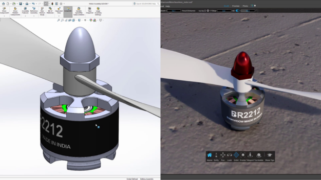 Image displaying Omniverse UI and CAD software side by side, to exemplify the import capabilities within Omniverse to import CAD files and render in high-fidelity.