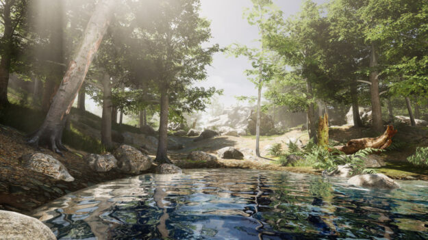 A digitally created landscape scene of a serene river lined with trees