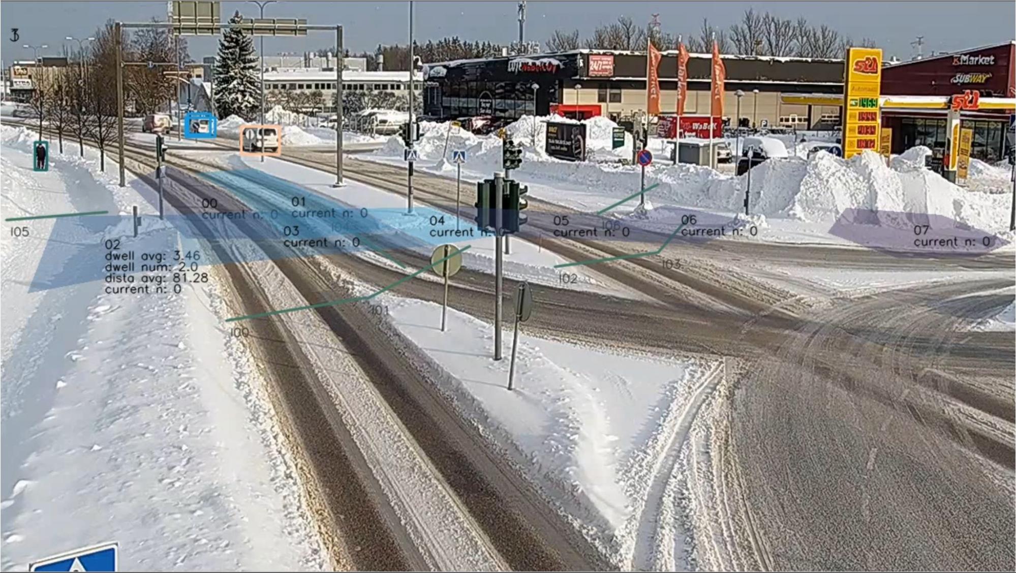 Image of MarshallAI application at a traffic intersection in a snowy town.