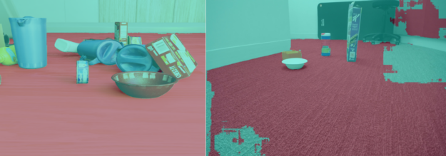 Images shows a carpeted floor with objects scattered around.