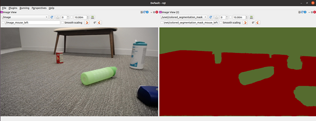 Picture of a carpeted floor with objects on it and the same picture using free space identification results.
