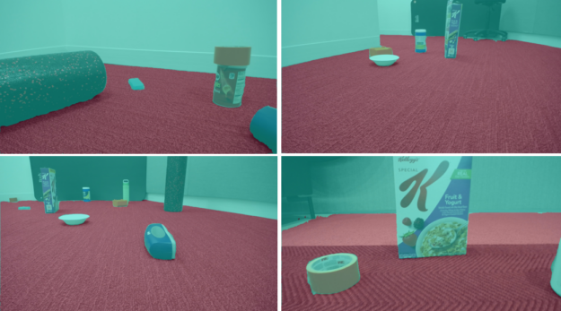 Four images showing the results obtained from the model chosen for deployment. The images show clear delineation between the floor, walls, and obstacles directly in front of the robot.