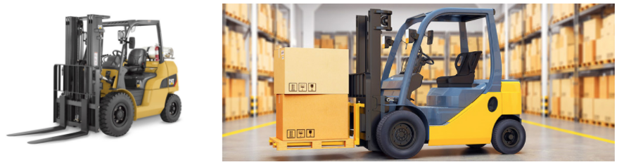 Two photos of standard forklifts, one with packages on the tines.