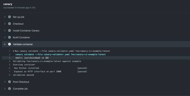 Screenshot of Canary validation running successfully in a GitHub Actions workflow.