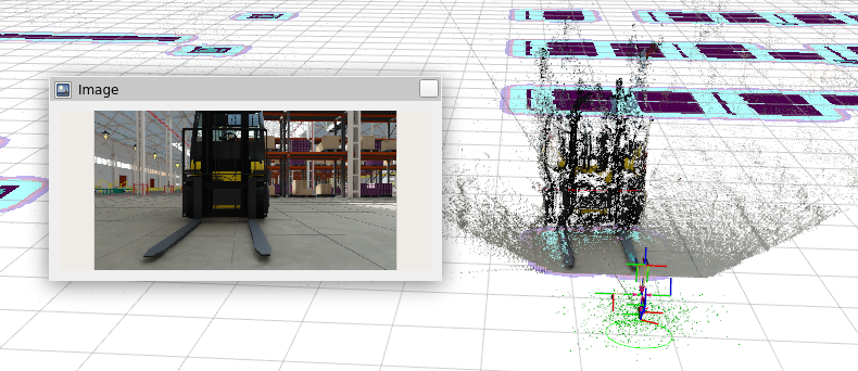 Image of a forklift facing forward and a point cloud scattered in and around the tines.