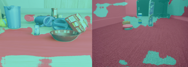Images of a carpeted floor with objects scattered around. The blue areas represent blocked space and the red areas are free space.
