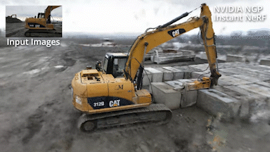 A neural radiance field rendering an image of an excavator in a 3d scene