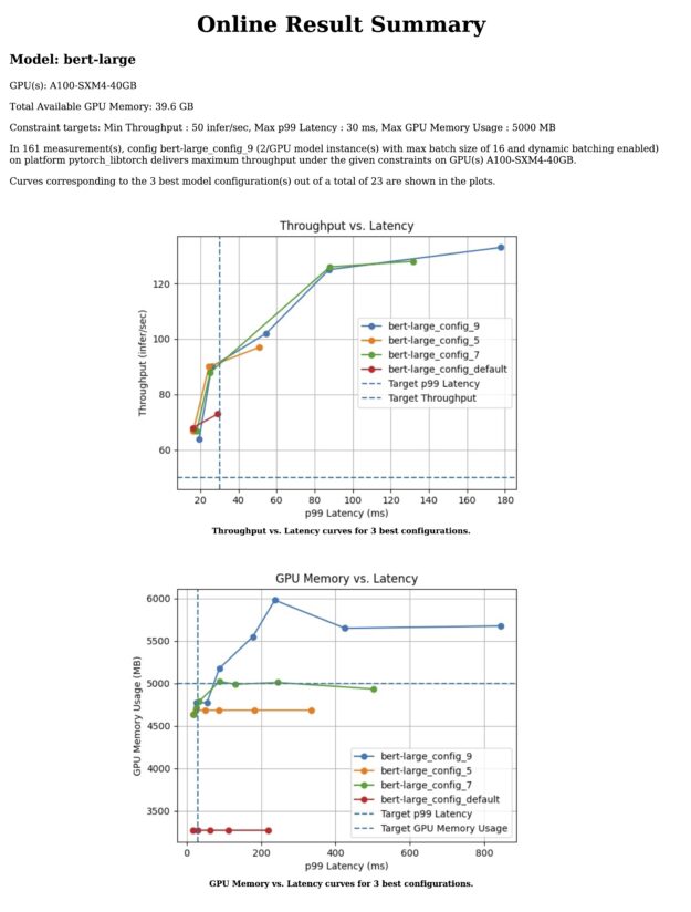 A sample output report is shown where the test setup is described and summarizing figures of the performance of best serving configurations are shown. 