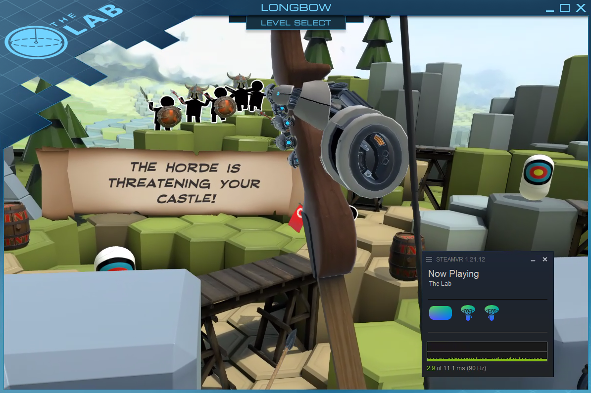 Image of a scene from within a VR game, with a SteamVR dialogue box open showing 90hz.