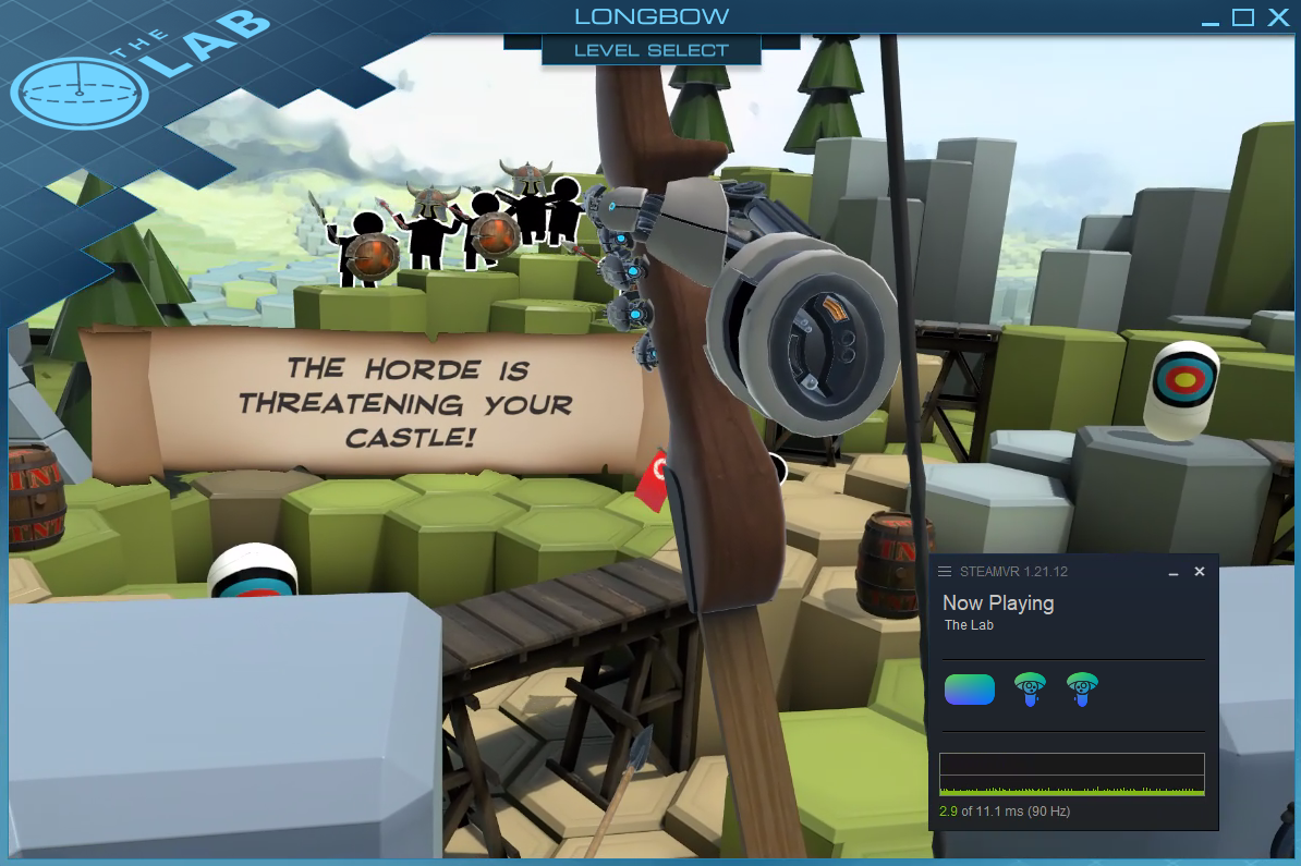 Image of a scene from within a VR game, with a SteamVR dialogue box open showing 90hz.
