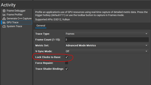 Screenshot of Nsight Graphics UI with Locks Clocks to Base checkbox.