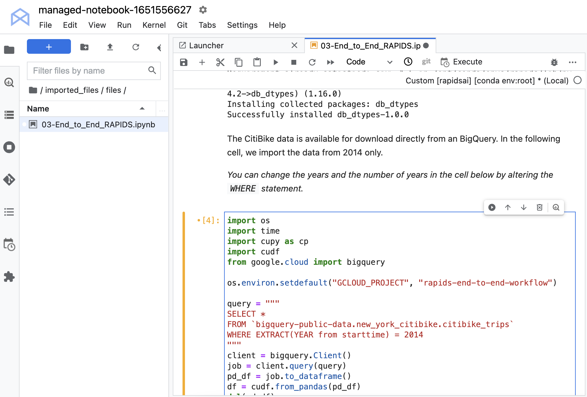 Screenshot showing modifying the code before running it so that the project ID is known to the environment and BigQuery can run. 