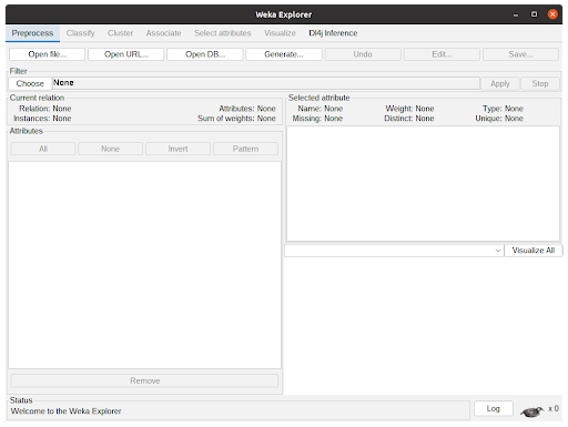 Screenshot of the WEKA Explorer window showing the Open file button.
