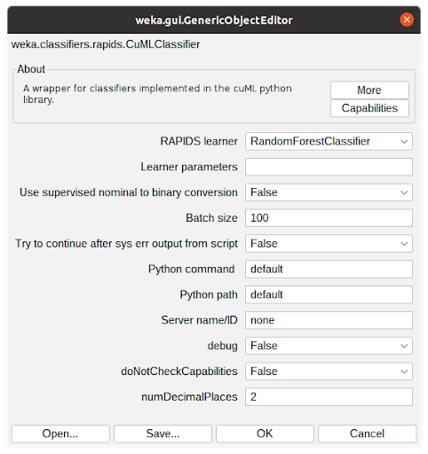 Screenshot of the classifier configuration window in WEKA showing the options for the CuMLClassifier integration with RandomForestClassifier selected.