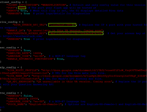 Screenshot of PuTTY terminal where users can edit the virtual assistant application’s config.py file.