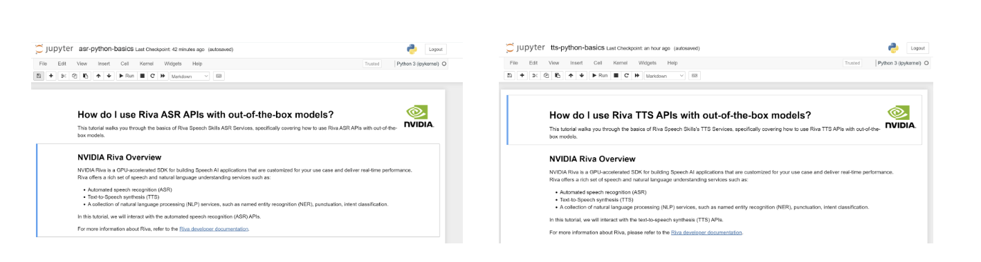 Screenshot of Jupyter Notebook running two scripts titled ‘How do I use Riva ASR APIs with out-of-the-box models?’ and ‘How do I use Riva TTS APIs with out-of-the-box models?’