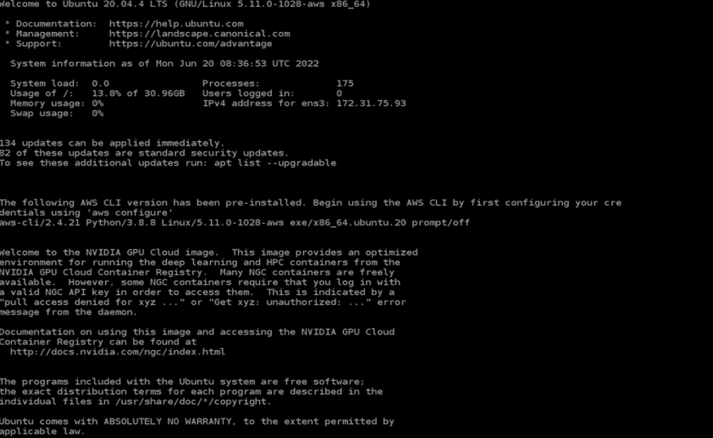 Screenshot of the PuTTY terminal window after a user successfully accesses the NVIDIA GPU-Optimized AMI on an EC2 instance.