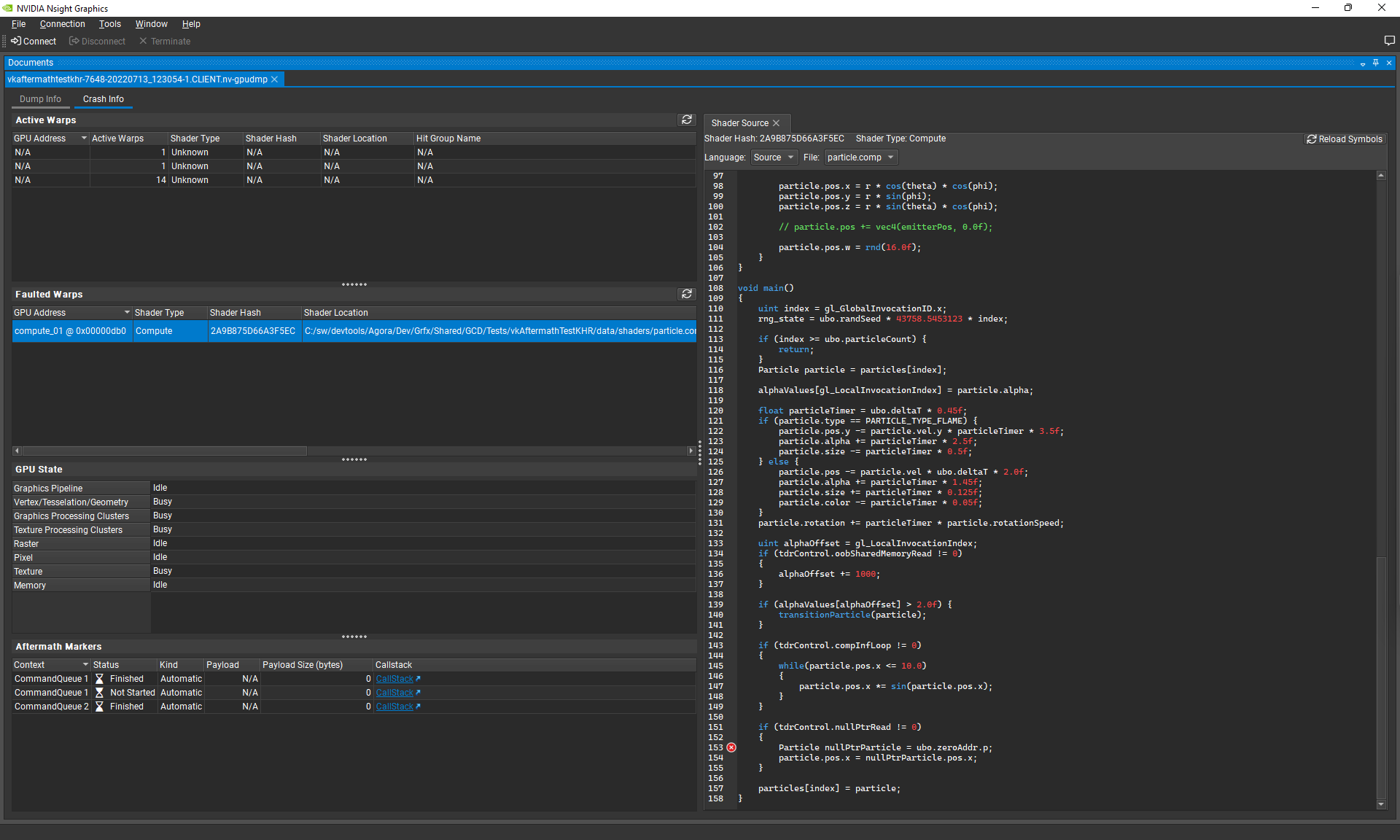 Screenshot of Nsight Aftermath 2022.2 MMU fault correction