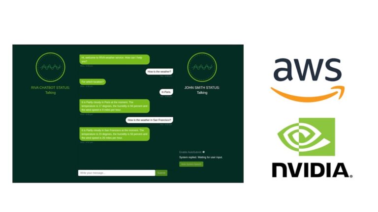 Figure illustrating a screenshot of an NVIDIA Riva sample virtual assistant application running on a GPU-powered AWS EC2 instance through a web browser.