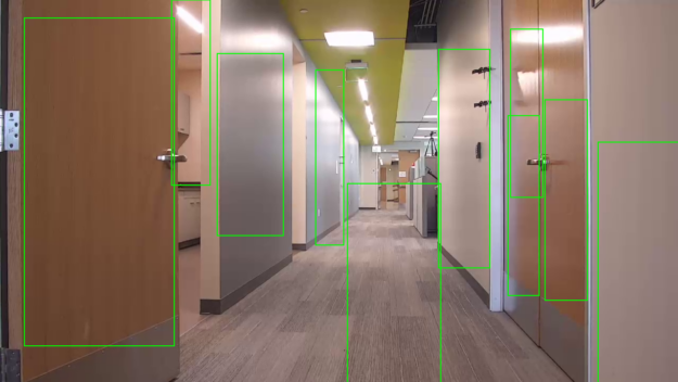 Indoor rooms and hallways with multiple doors where object detection model made many false positive predictions of green bounding boxes 
