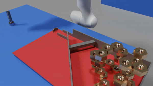 GIF of robot hands retrieving nuts from a vibratory feeder and tightening them onto a bolt.