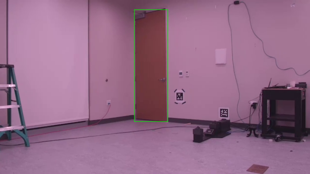 Indoor rooms and hallways with multiple doors and objects like chairs, desks, potted, ladder, elevator and potted plants showing final model’s accurate predictions of green bounding boxes.