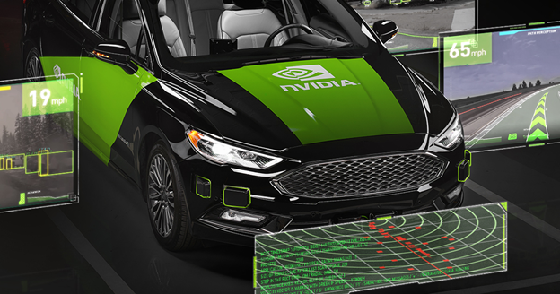 Picture of an NVIDIA branded car with multiple graphics dashboards and sensors.