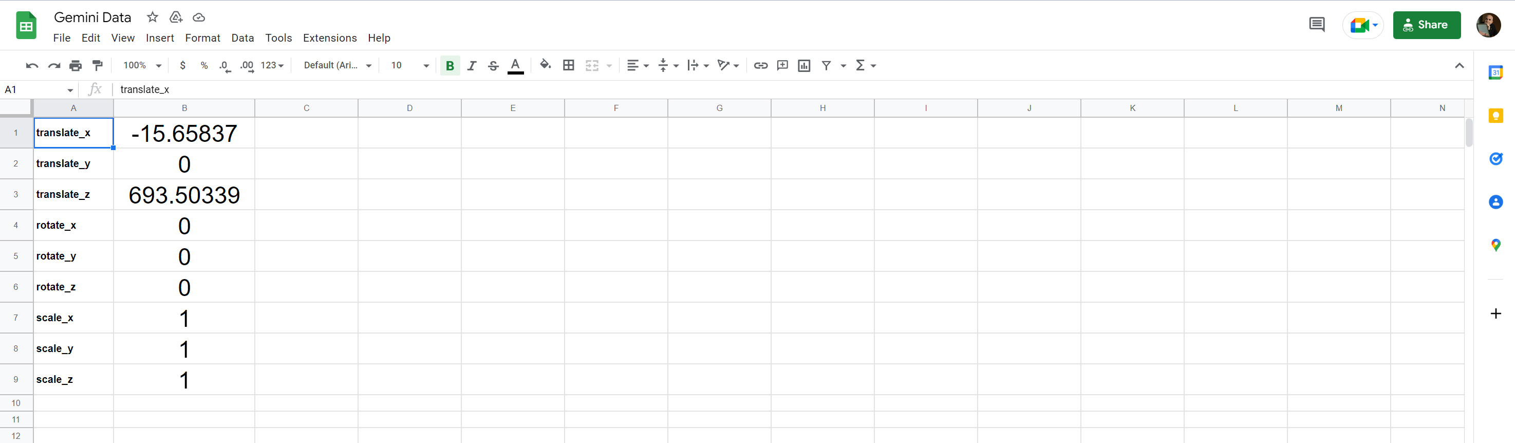 Google Sheet with object location, scale, and rotation information