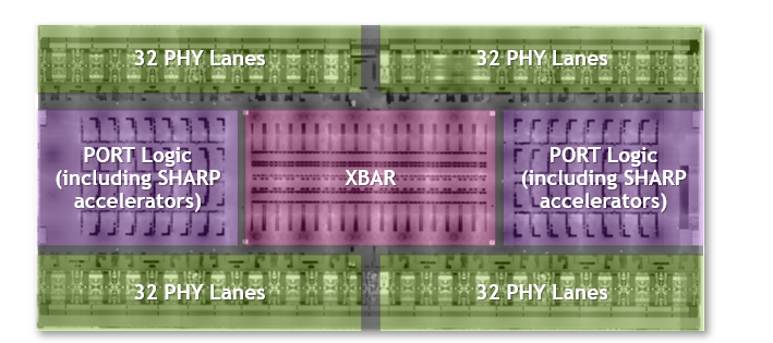 NVSwitch die image showing crossbar in the center, port logic blocks (including SHARP accelerators) on each side of the cross bar, and two blocks of 32 PHY lanes on each of the top and bottom for a total of 128 PHY lanes. 