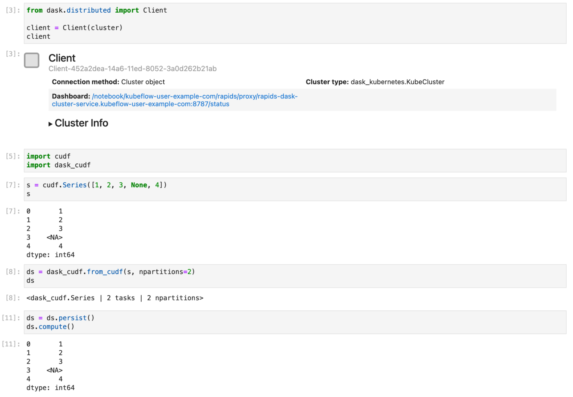 Screenshot of cuDF code in JupyterLab that uses Dask.
