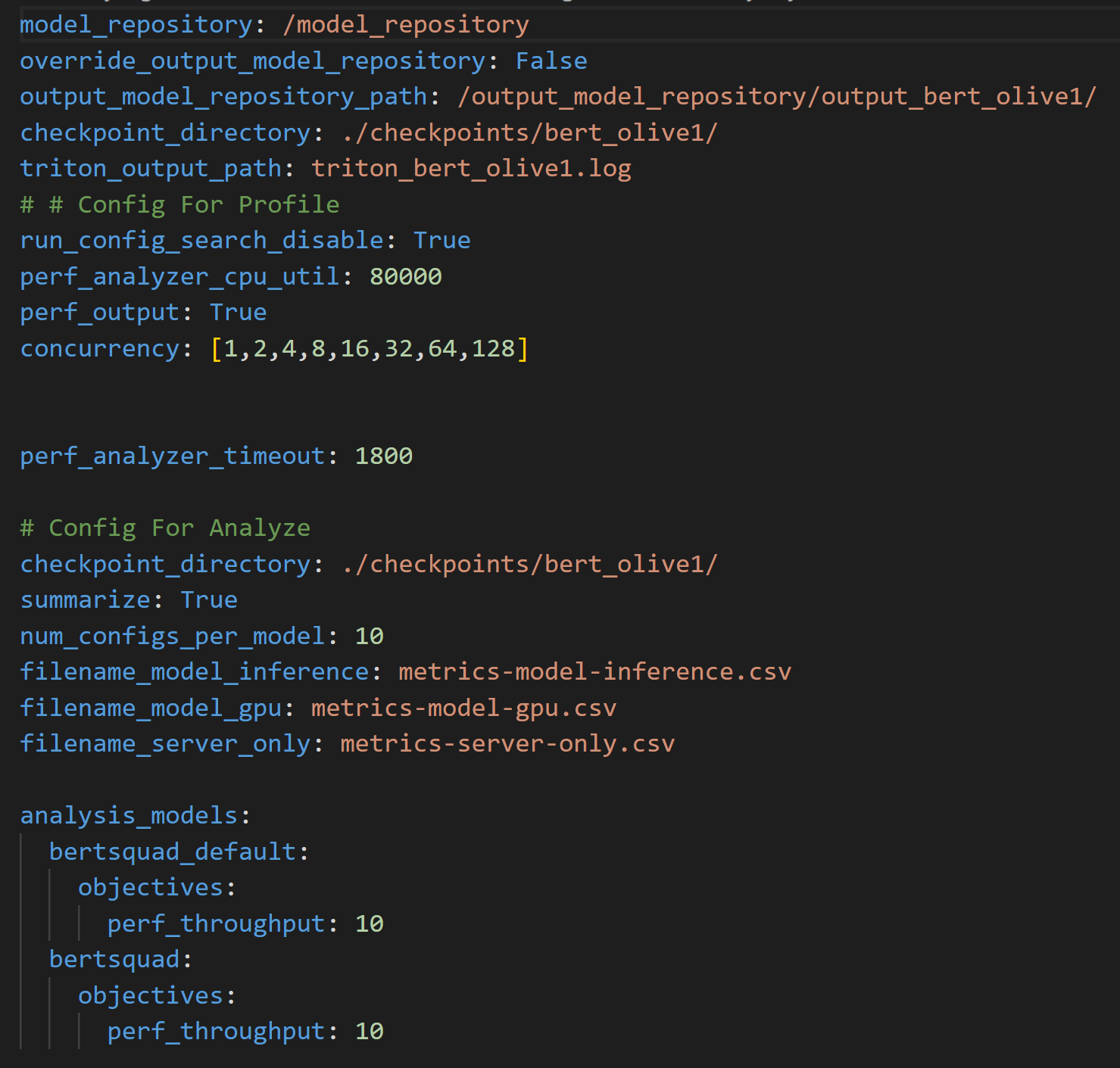 Analyze configuration file with details around the location of the output model repository where the results were generated from the ‘profile’ command, along with the name of the CSV files where the performance results will be recorded. 