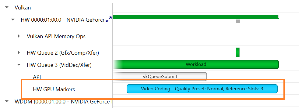 Screenshot showing that Vulkan Video workload can be identified in the Nsight System timeline below the Vulkan tab