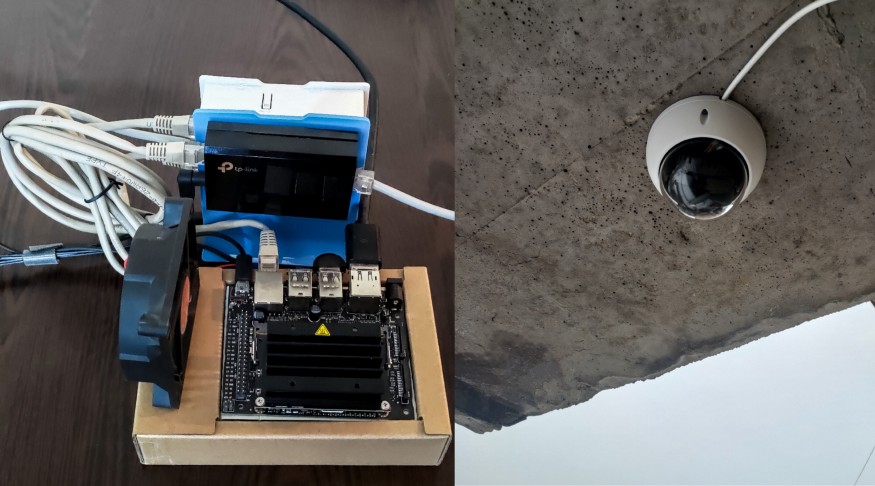 Photo of the router with PoE adapter and Jetson Nano (left) and the mounted Dahua IP camera (right).