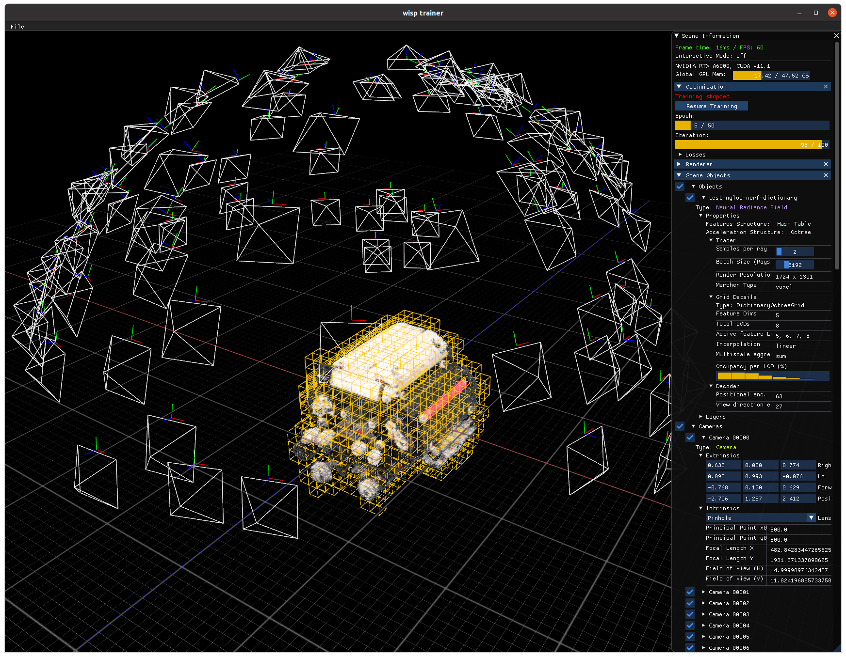 A screenshot of NVIDIA Kaolin Wisp renders a lego engine's neural field and shows the software's user interface.