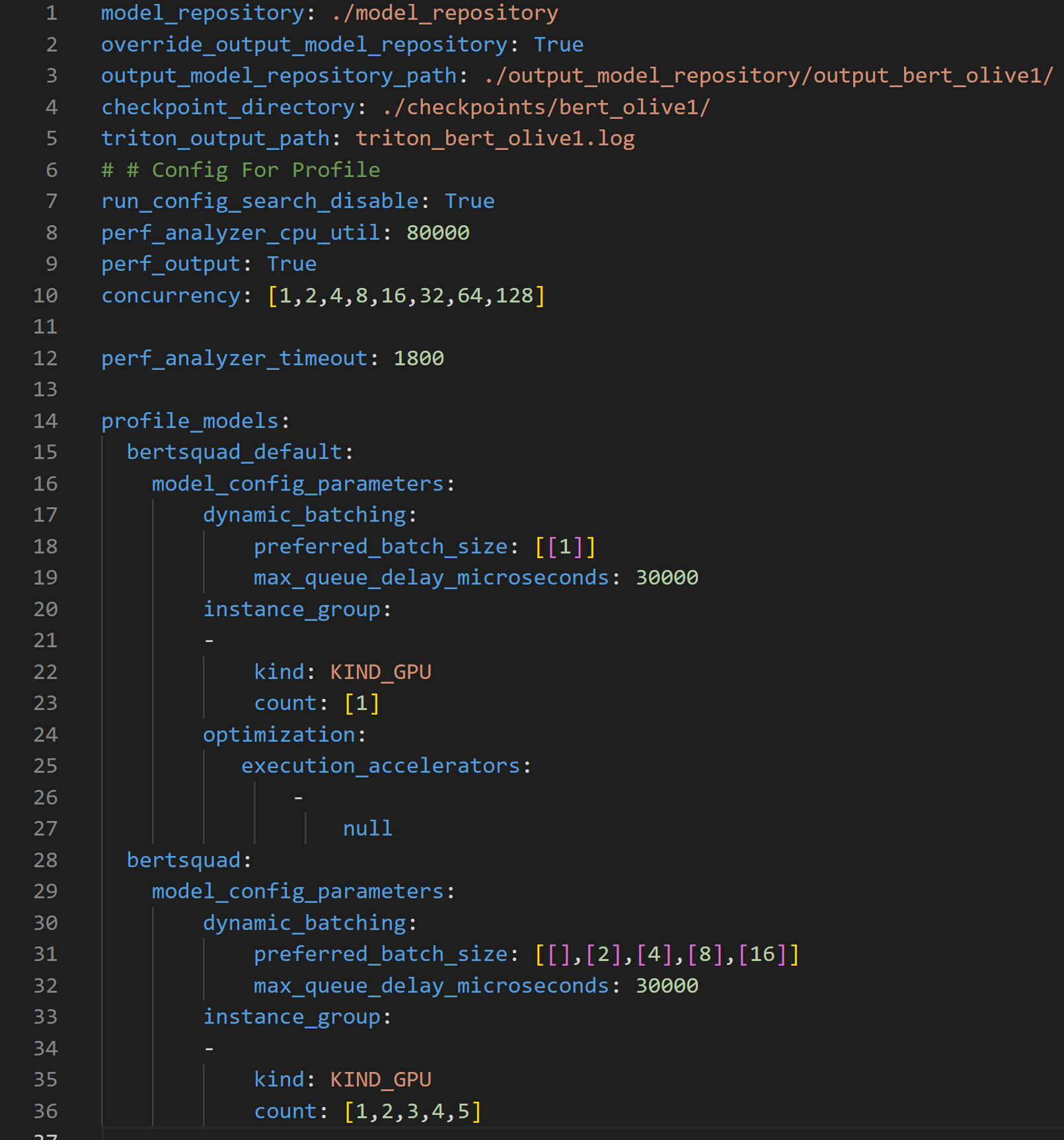 Profile configuration file with details around the location of the Model Repository, parameters to optimize, and their ranges to create the search space used by Triton Model Analyzer to find the optimal configuration settings. 