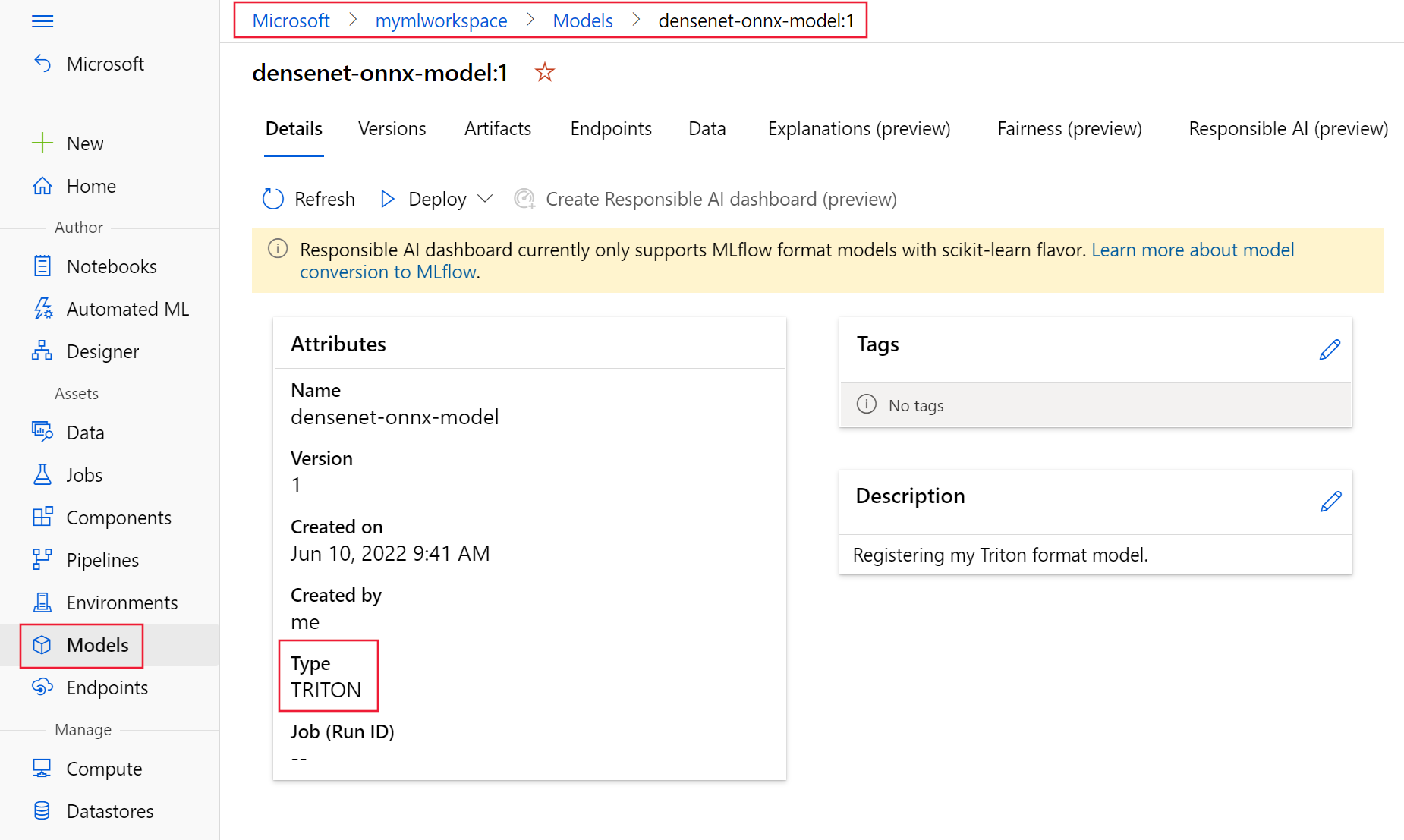 Screenshot of the Azure Machine Learning Studio platform when a model is registered onto the platform