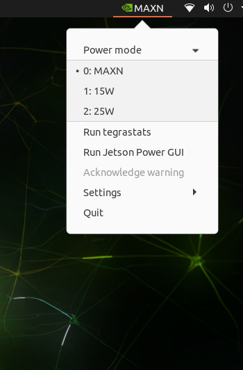 Screenshot shows that the available power modes on a developer kit flashed to emulate Jetson Orin NX 16GB matches the power modes available on Jetson Orin NX 16GB.